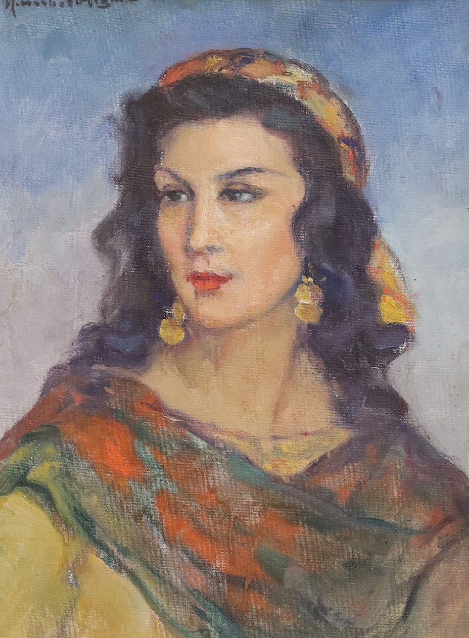 Humbert Vignol, oil on canvas board, Portrait of gypsy woman, indistinctly signed with French label verso, 34 x 25cm